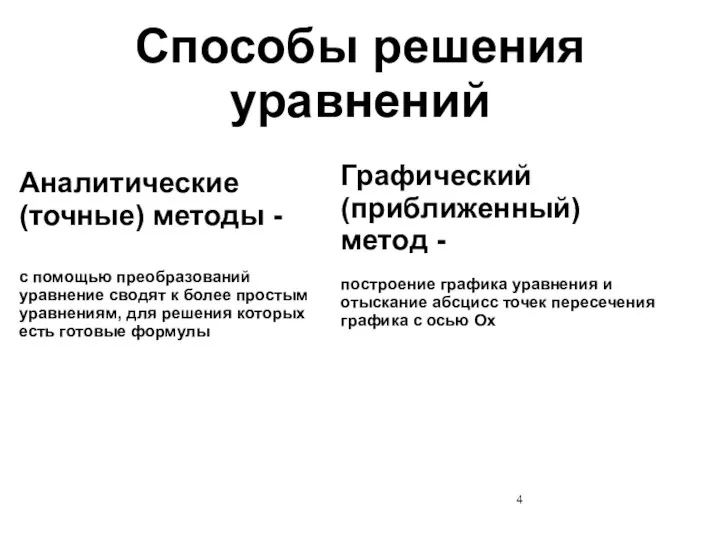 Способы решения уравнений Аналитические (точные) методы - с помощью преобразований уравнение