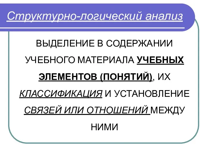 Структурно-логический анализ ВЫДЕЛЕНИЕ В СОДЕРЖАНИИ УЧЕБНОГО МАТЕРИАЛА УЧЕБНЫХ ЭЛЕМЕНТОВ (ПОНЯТИЙ), ИХ