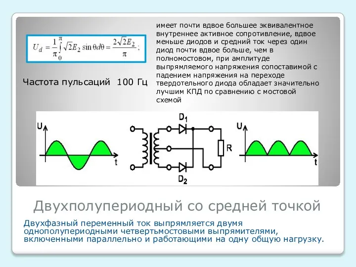 Двухполупериодный со средней точкой Двухфазный переменный ток выпрямляется двумя однополупериодными четвертьмостовыми