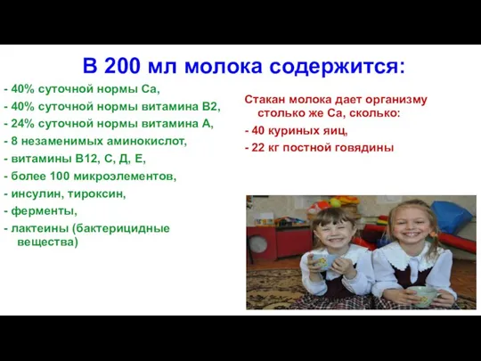 В 200 мл молока содержится: - 40% суточной нормы Са, -