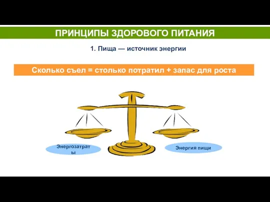 ПРИНЦИПЫ ЗДОРОВОГО ПИТАНИЯ 1. Пища — источник энергии Сколько съел =