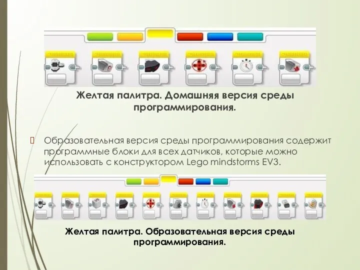 Желтая палитра. Домашняя версия среды программирования. Образовательная версия среды программирования содержит