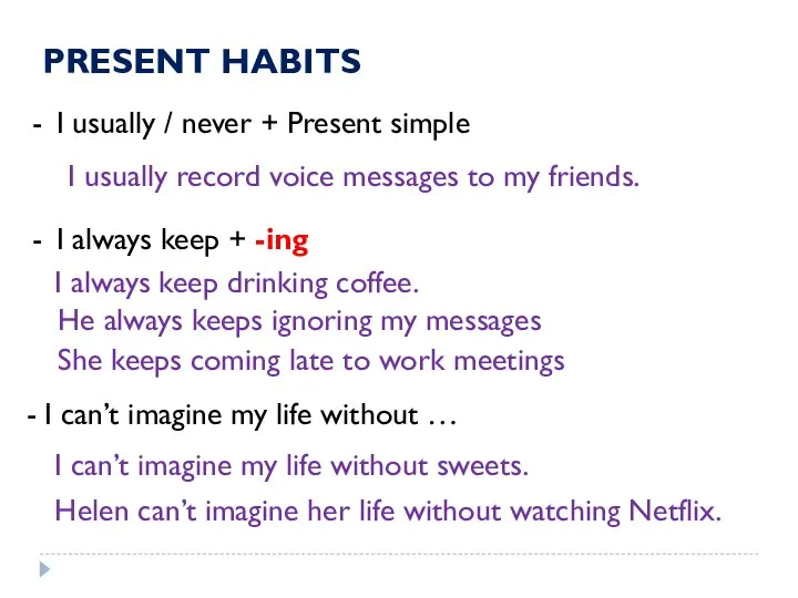 PRESENT HABITS I usually / never + Present simple I always