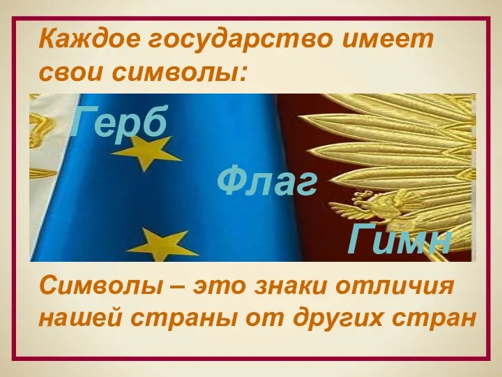 Каждое государство имеет свои символы: Герб Флаг Гимн Символы – это