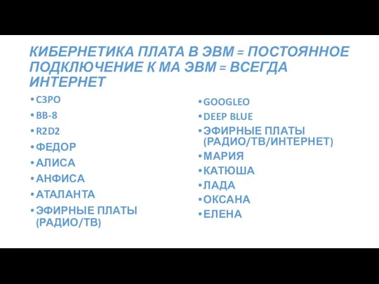 КИБЕРНЕТИКА ПЛАТА В ЭВМ = ПОСТОЯННОЕ ПОДКЛЮЧЕНИЕ К МА ЭВМ =