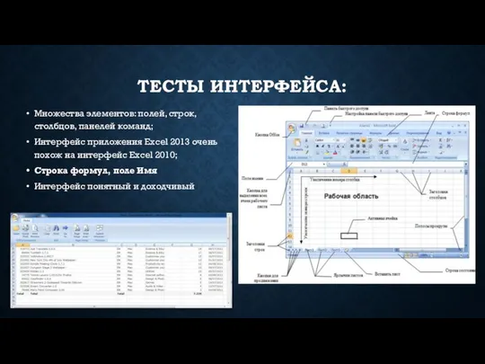 ТЕСТЫ ИНТЕРФЕЙСА: Множества элементов: полей, строк, столбцов, панелей команд; Интерфейс приложения