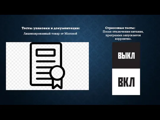 Тесты упаковки и документации: Лицензированный товар от Microsoft Стрессовые тесты: После отключения питания, программа запускается корректно.
