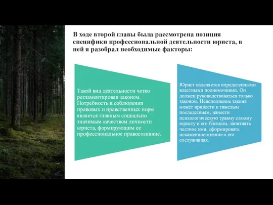 В ходе второй главы была рассмотрена позиция специфики профессиональной деятельности юриста,