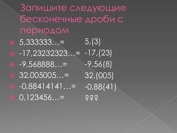 Запишите следующие бесконечные дроби с периодом 5,333333…= -17,23232323…= -9,568888…= 32,005005…= -0,88414141…=