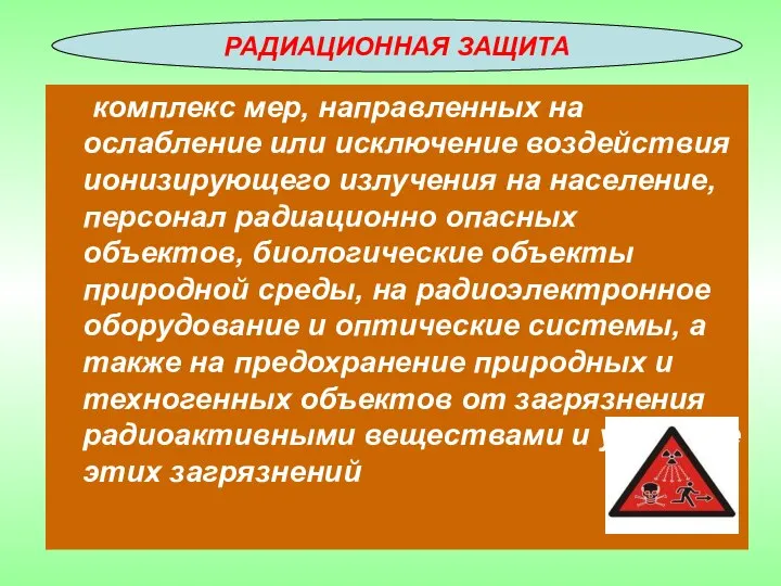 комплекс мер, направленных на ослабление или исключение воздействия ионизирующего излучения на