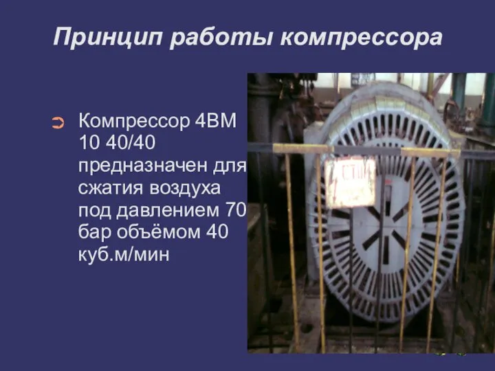 Принцип работы компрессора Компрессор 4ВМ 10 40/40 предназначен для сжатия воздуха