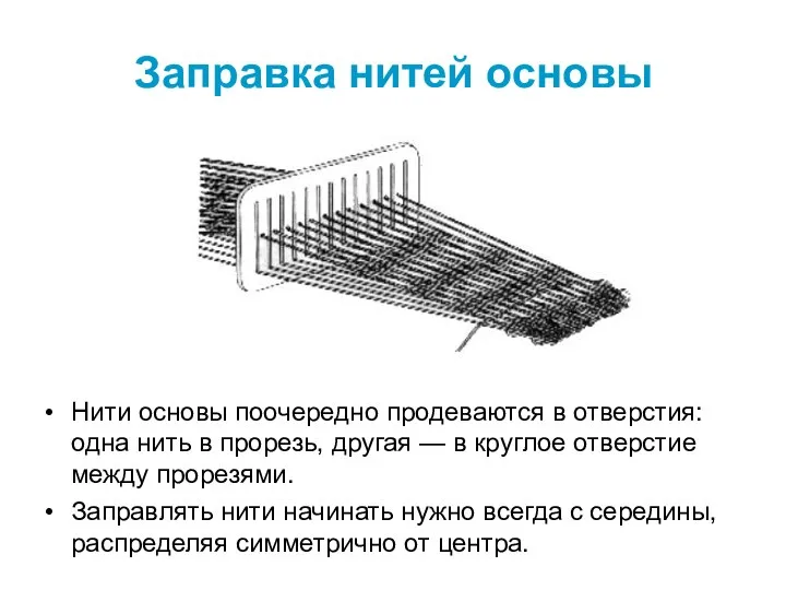 Заправка нитей основы Нити основы поочередно продеваются в отверстия: одна нить