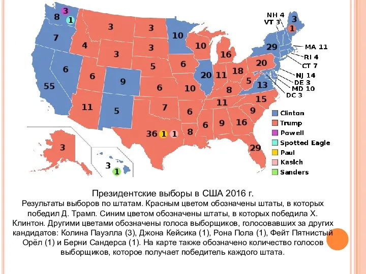 Президентские выборы в США 2016 г. Результаты выборов по штатам. Красным