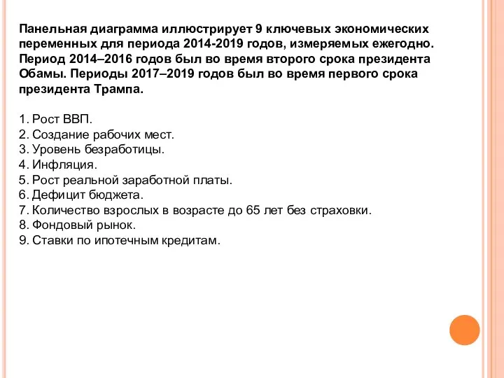 Панельная диаграмма иллюстрирует 9 ключевых экономических переменных для периода 2014-2019 годов,