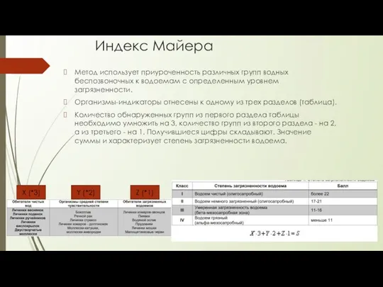 Индекс Майера Метод использует приуроченность различных групп водных беспозвоночных к водоемам