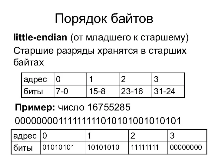 Порядок байтов little-endian (от младшего к старшему) Старшие разряды хранятся в