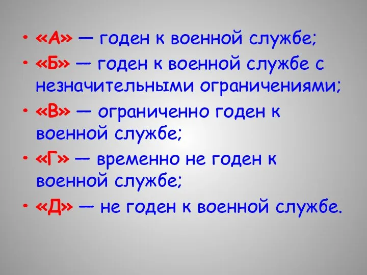 «А» — годен к военной службе; «Б» — годен к военной