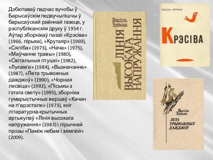 Дэбютаваў падчас вучобы ў Барысаўскім педвучылішчы ў барысаўскай раённай газеце, у