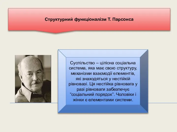 Структурний функціоналізм Т. Парсонса Суспільство – цілісна соціальна система, яка має