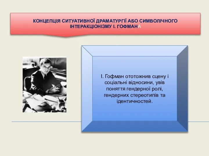 І. Гофман ототожнив сцену і соціальні відносини, увів поняття гендерної ролі,