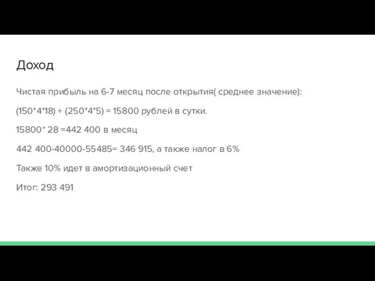 Доход Чистая прибыль на 6-7 месяц после открытия( среднее значение): (150*4*18)