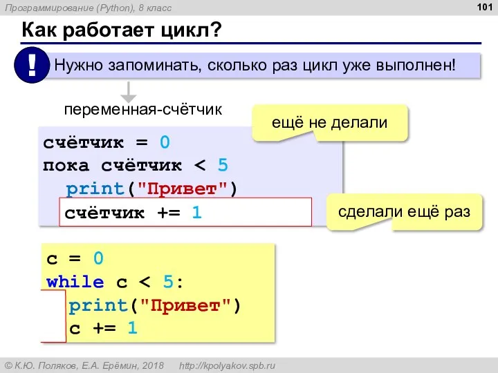 Как работает цикл? переменная-счётчик счётчик = 0 пока счётчик print("Привет") счётчик