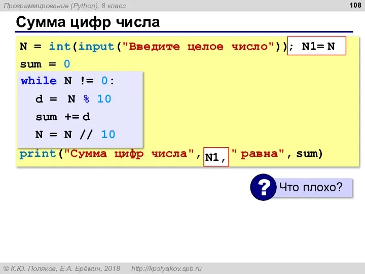 Сумма цифр числа N = int(input("Введите целое число")) sum = 0