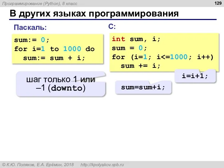 В других языках программирования С: int sum, i; sum = 0;