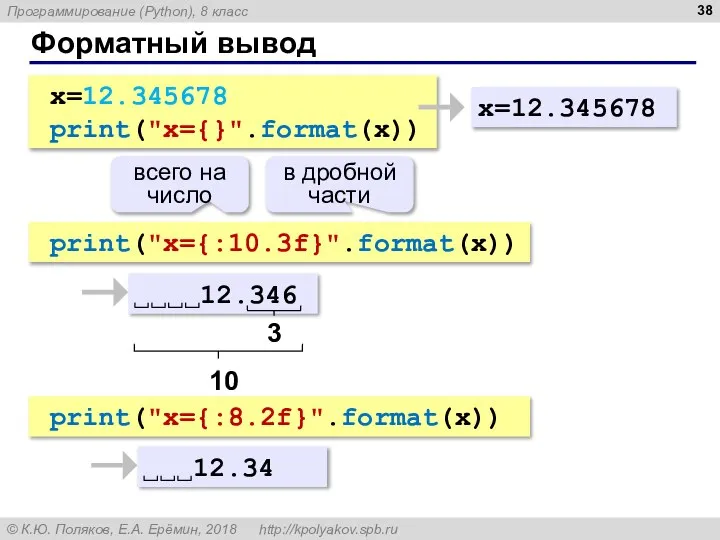 print("x={:10.3f}".format(x)) Форматный вывод x=12.345678 print("x={}".format(x)) x=12.345678 12.346 3 10 всего на