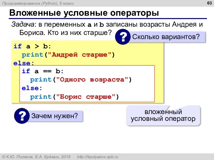 Вложенные условные операторы if a > b: print("Андрей старше") else: if