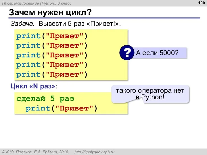 Зачем нужен цикл? Задача. Вывести 5 раз «Привет!». print("Привет") print("Привет") print("Привет")