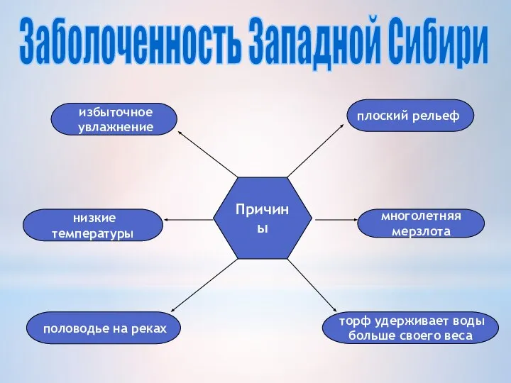 Заболоченность Западной Сибири Причины половодье на реках торф удерживает воды больше