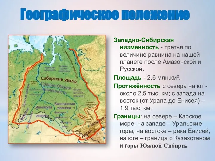 Географическое положение Западно-Сибирская низменность - третья по величине равнина на нашей