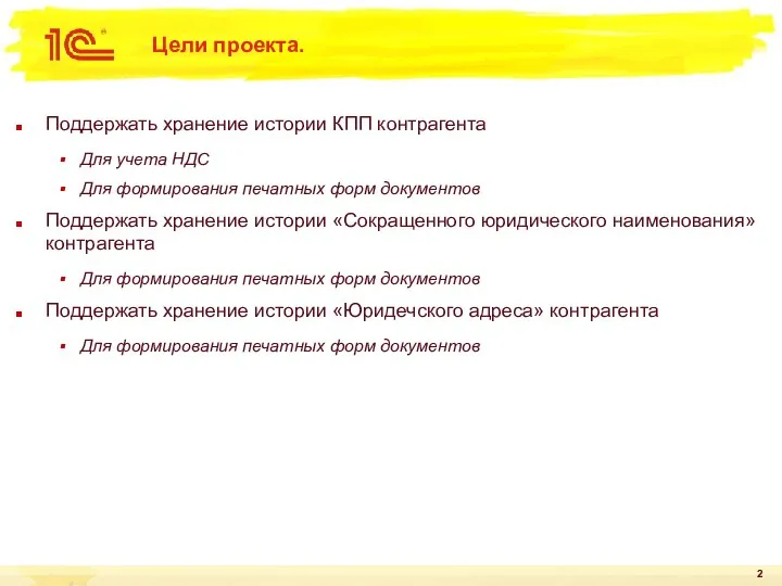 Цели проекта. Поддержать хранение истории КПП контрагента Для учета НДС Для