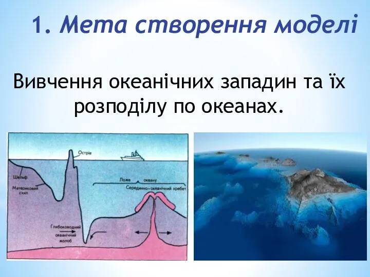 1. Мета створення моделі Вивчення океанічних западин та їх розподілу по океанах.