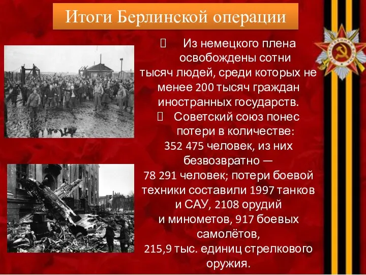 Итоги Берлинской операции Из немецкого плена освобождены сотни тысяч людей, среди