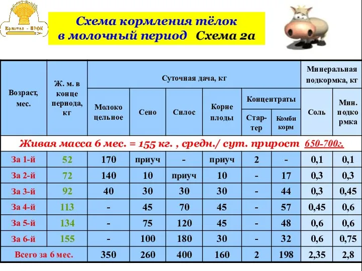 Схема кормления тёлок в молочный период Схема 2а