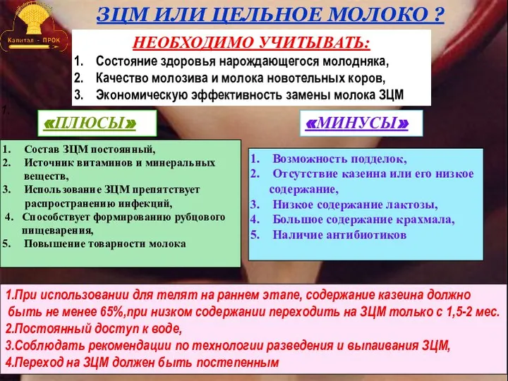 ЗЦМ ИЛИ ЦЕЛЬНОЕ МОЛОКО ? «ПЛЮСЫ» «МИНУСЫ» 1. НЕОБХОДИМО УЧИТЫВАТЬ: Состояние