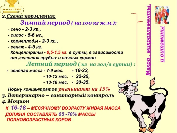 2.Схема кормления: Зимний период ( на 100 кг ж.м.): - сено