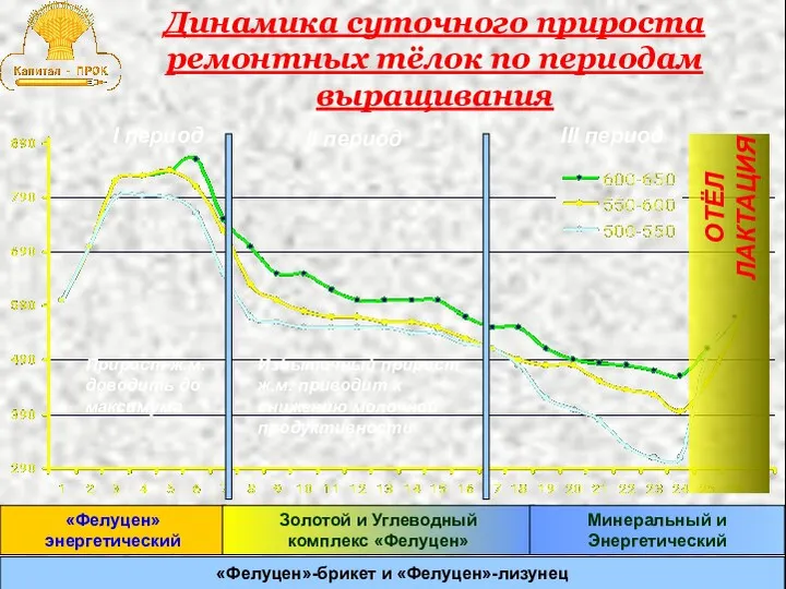 Динамика суточного прироста ремонтных тёлок по периодам выращивания «Фелуцен» энергетический Золотой