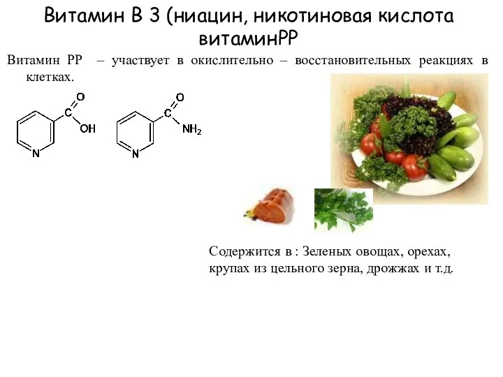 Витамин В 3 (ниацин, никотиновая кислота витаминPP Витамин PP – участвует