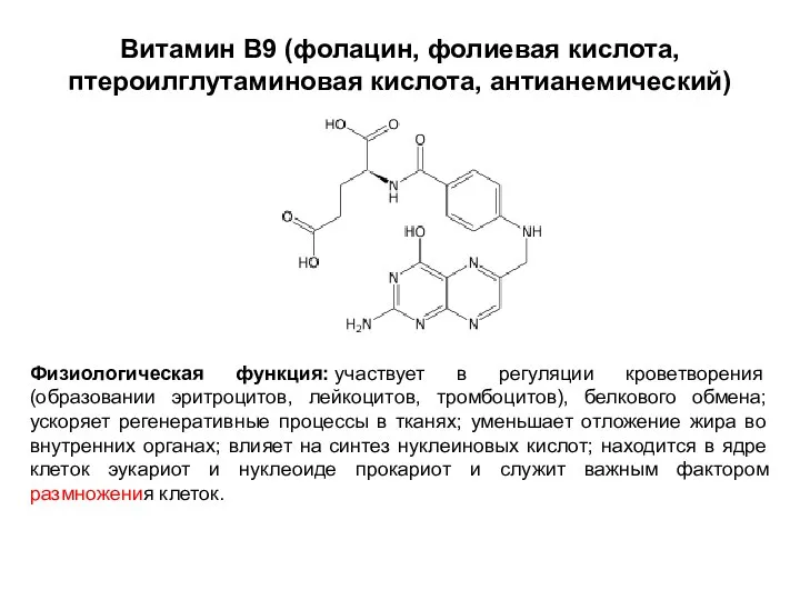 Витамин В9 (фолацин, фолиевая кислота, птероилглутаминовая кислота, антианемический) Физиологическая функция: участвует