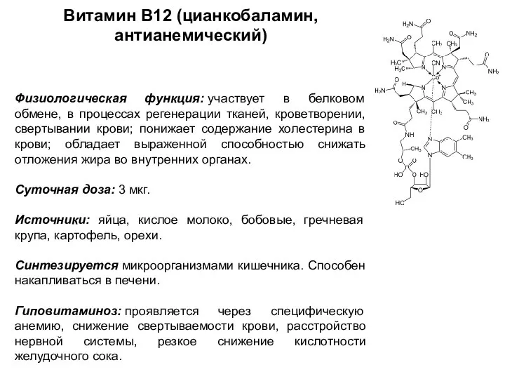 Витамин В12 (цианкобаламин, антианемический) Физиологическая функция: участвует в белковом обмене, в