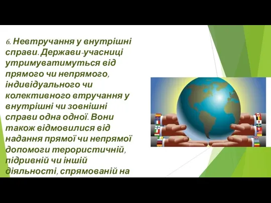 6. Невтручання у внутрішні справи. Держави-учасниці утримуватимуться від прямого чи непрямого,