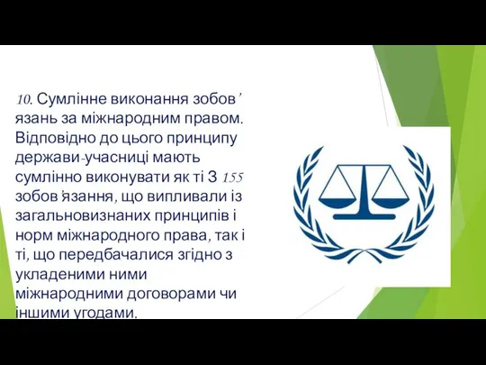 10. Сумлінне виконання зобов’язань за міжнародним правом. Відповідно до цього принципу