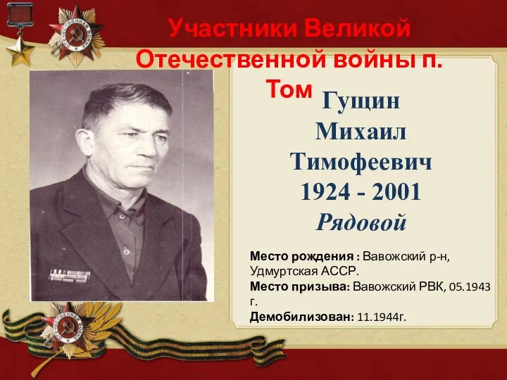 Гущин Михаил Тимофеевич 1924 - 2001 Рядовой Участники Великой Отечественной войны