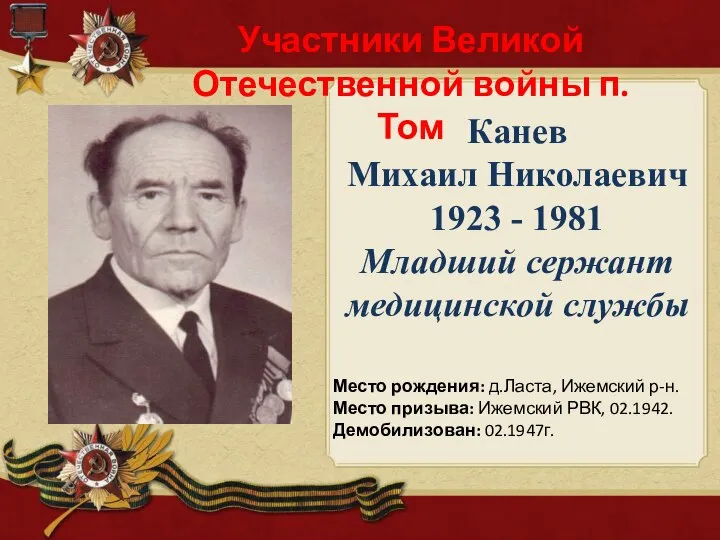 Канев Михаил Николаевич 1923 - 1981 Младший сержант медицинской службы Участники