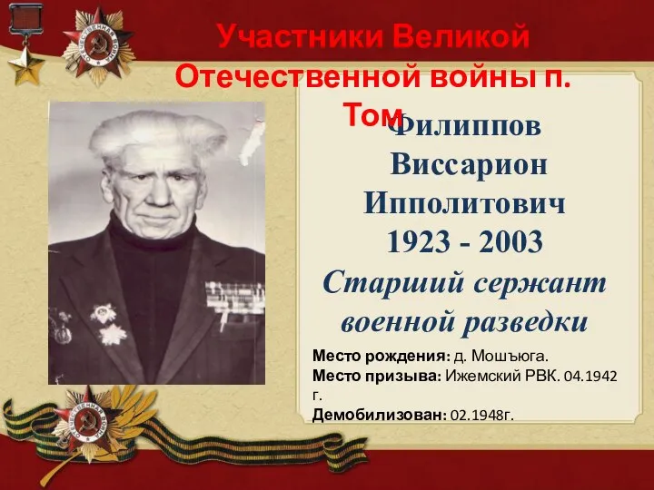 Филиппов Виссарион Ипполитович 1923 - 2003 Старший сержант военной разведки Участники