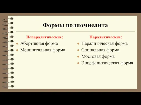 Формы полиомиелита Непаралитические: Абортивная форма Менингеальная форма Паралитические: Паралитическая форма Спинальная форма Мостовая форма Энцефалитическая форма