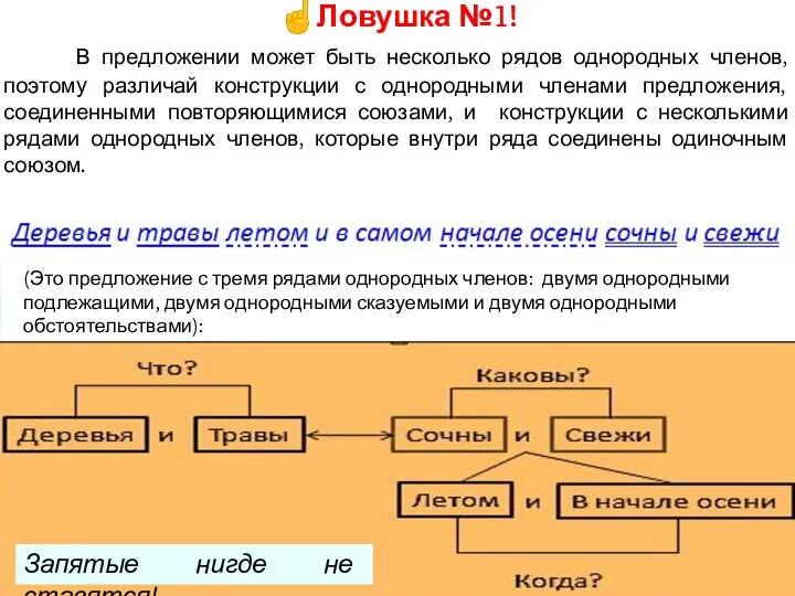 ☝Ловушка №1! В предложении может быть несколько рядов однородных членов, поэтому